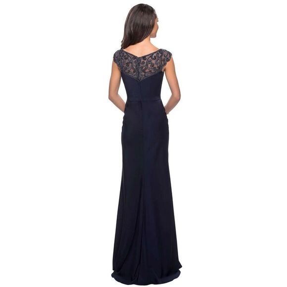 La Femme 25399 Sheath Gown with Rhinestone Embellished Neckline in Navy NWOT Siz - Picture 2 of 7